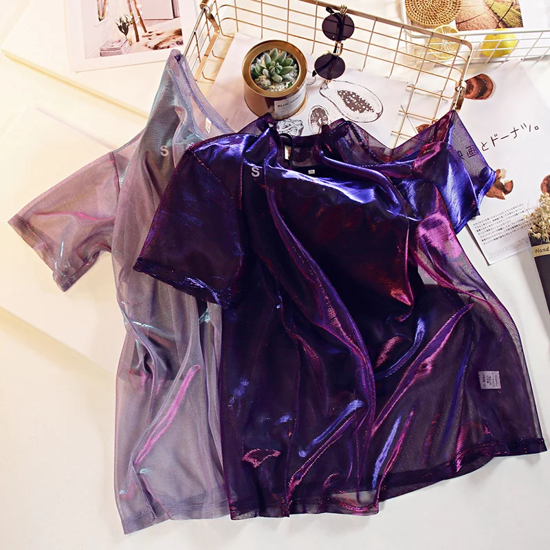 Gkfnmt 2018 Summer Female T shirt For Women Top Two Sets Short Sleeve Colorful Transparent Long Big Sizes Tops Korean Clothes Tops