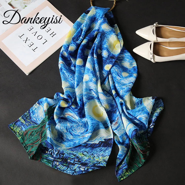 

DANKEYISI Lady Scarf Silk Infinity Handmade Silk Scarf Pure Female Hand Rolled Edge Oil Painting Long Bandana Scarf Women 2018