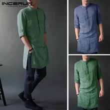 INCERUN, винтажная Мужская рубашка, одноцветная, стоячий воротник, длинный рукав, для отдыха, Camisa, Ретро стиль, топы, мужские длинные рубашки, индийский костюм