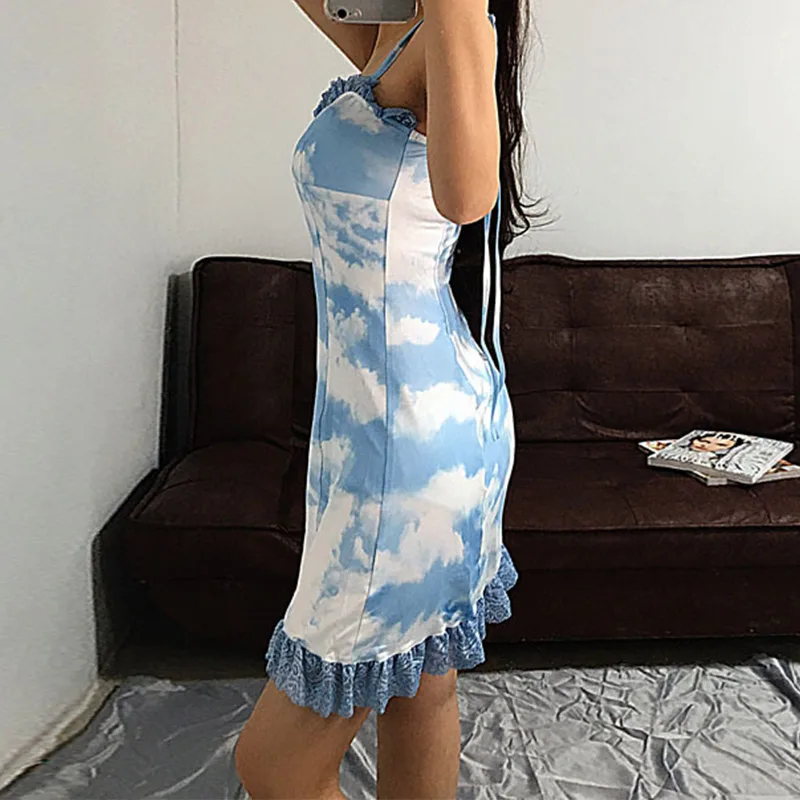 Женское мини-платье с оборками и принтом облаков, сексуальное ТРАПЕЦИЕВИДНОЕ облегающее платье с рюшами на бретельках, летние короткие платья для вечеринок и клубов, Vestidos