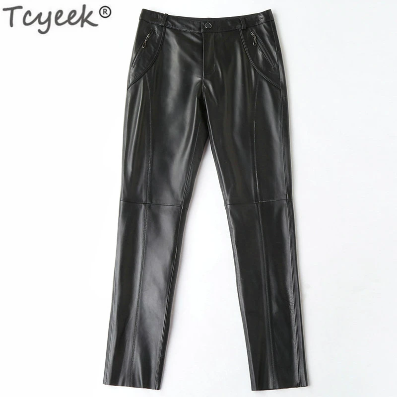 Tcyeek Genuine Leather Pants Women Real Sheepskin Long Trousers Plus ...