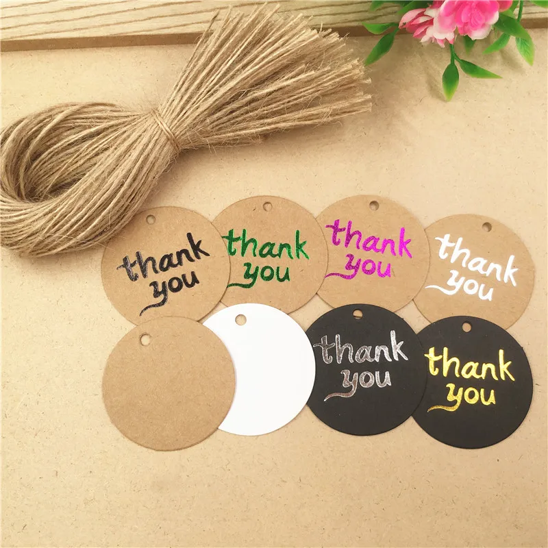 

200Pcs/Lot Hot Stamping Round Thank You Pattern Hanging Kraft Paper Tags Handcraft DIY Price Tags With Strings Accept Customized