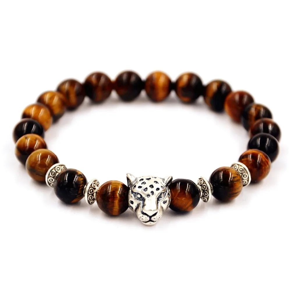 

Tiger Eye Beads Leopard Lion head Charm Bracelets Bangle Elastic Rope Natural Stone Yoga Bracelet for Women Men Fashion Jewelry
