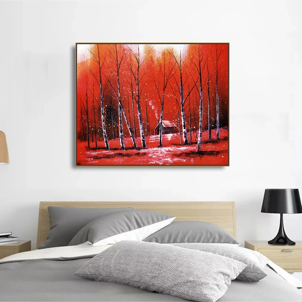 Laeacco Wall Art Fabulous Autumn Red Birch Forest Posters and Prints Canvas Calligraphy Painting Home Living Room Decor | Дом и сад