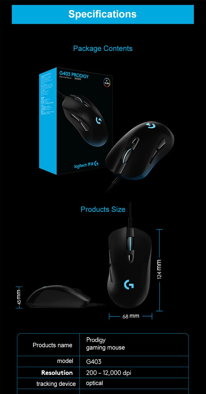 Проводная игровая мышь logitech G403 Prodigy с высокопроизводительным игровым сенсором