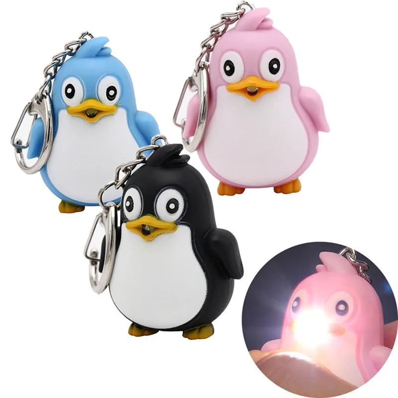 

1 PC Lithium Battery Included Lovely Plastic Penguin LED Light Keychain With Sound Bag Car Keyring Holder Key ring