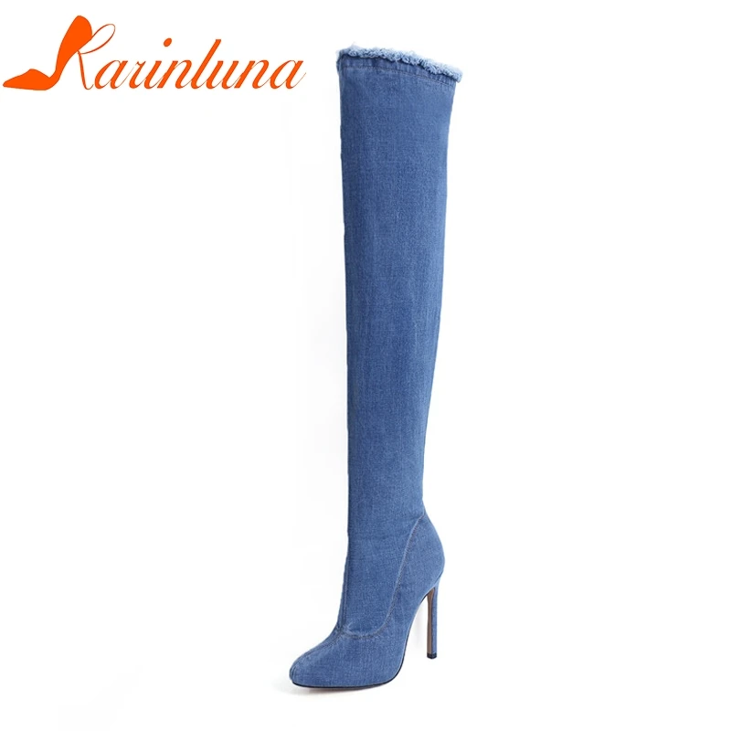 KARINLUNA New Women Shoes Denim Thin High Heel Over-the-Knee Solid Shoes Woman Casual Fashion Boots Size 34-39