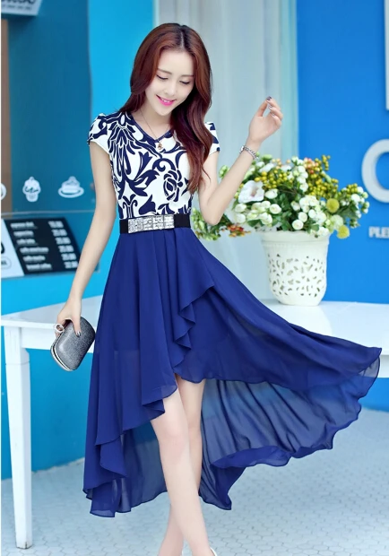 

Free Shipping High Quality Korean V Collar Blue and white porcelain Short Sleeve Dovetail Chiffon Long Dress Blue/Black