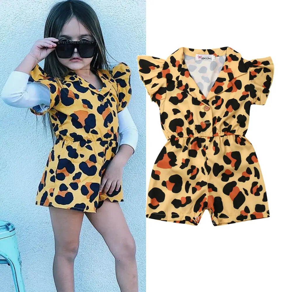 

Toddler Baby Girl Short sleeve Leopard Print Buttons Up Jumpsuit Playsuit Rompers