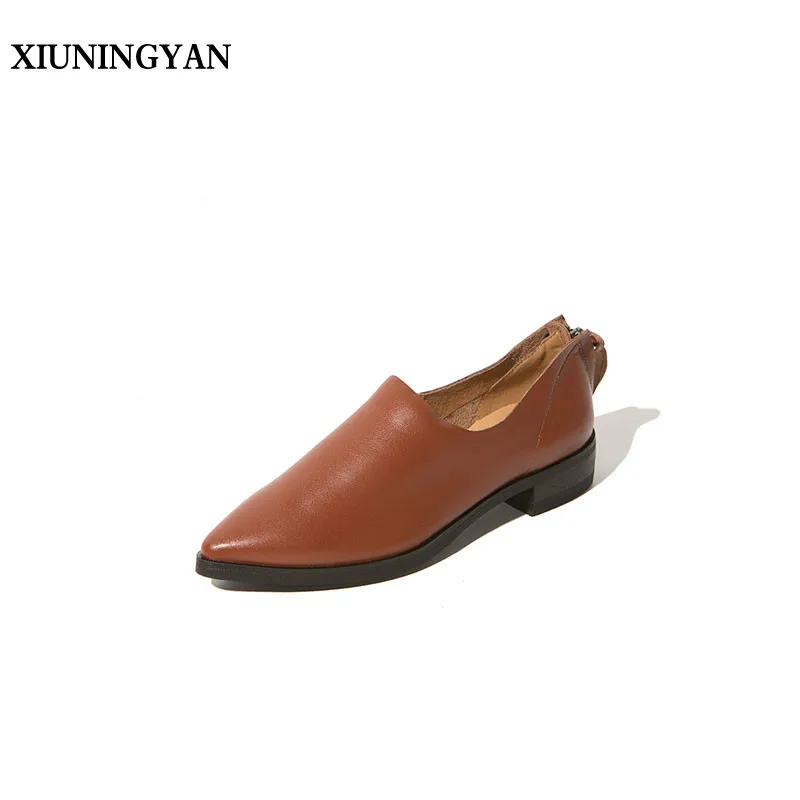 

XIUNINGYAN Women Antumn Shoes Flat 100% Authentic Leather Lady Flat Shoes Pointed Toe Mules Shoes Zipper Decoration Female Hot