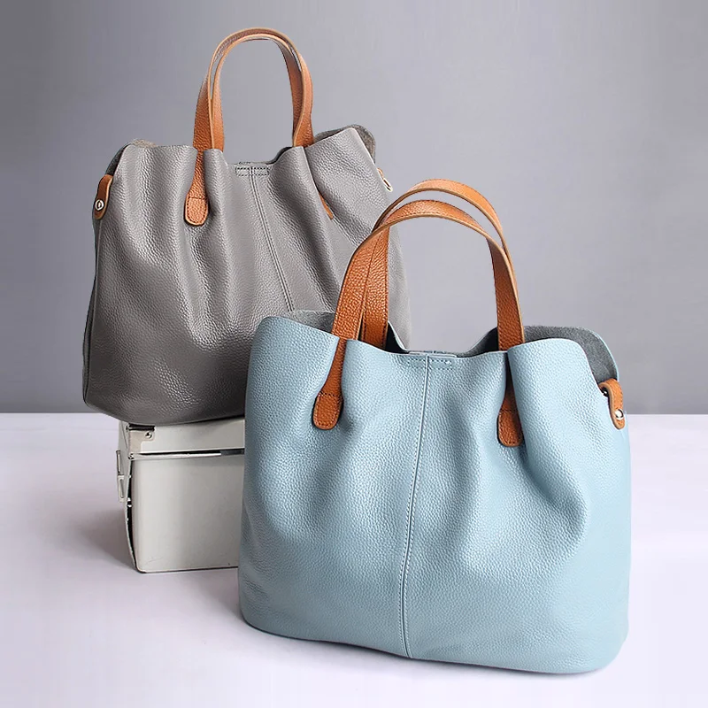

Genuine Leather handbags head layer cowhide litchi grain girl handbags fashion Portable shoulder messenger bags composite bags