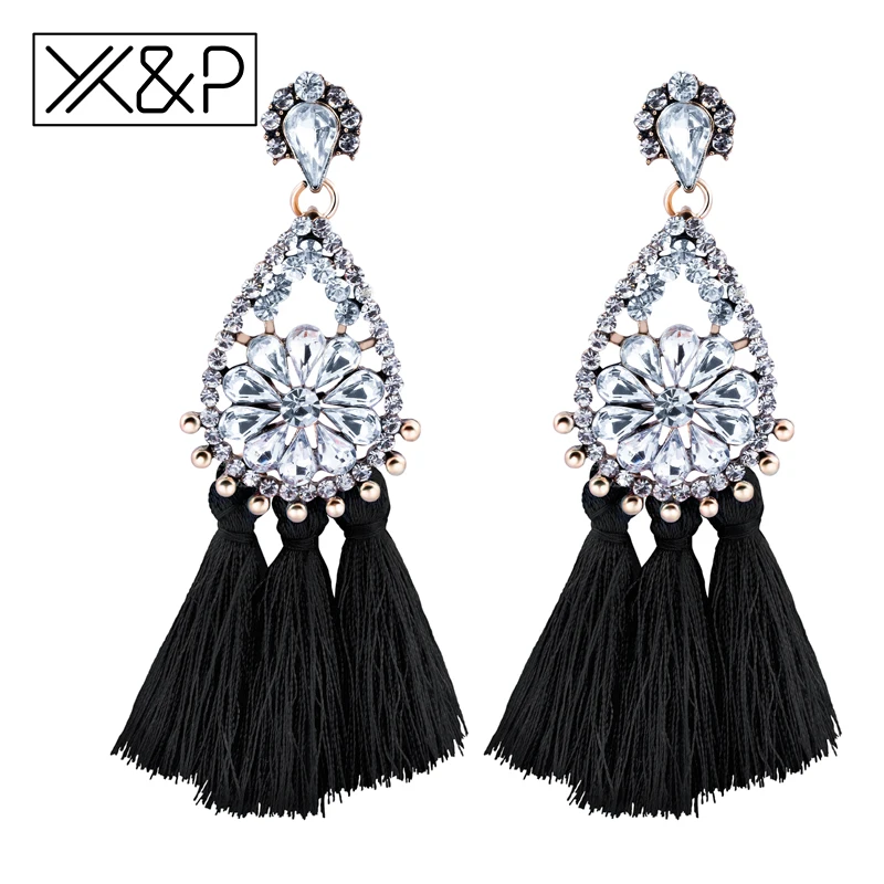 X&P Vintage Geometric Cubic Zirconia Long Tassel Drop Earrings for Women Decorations Fashion Bohemian Ethnic Color Big Earring