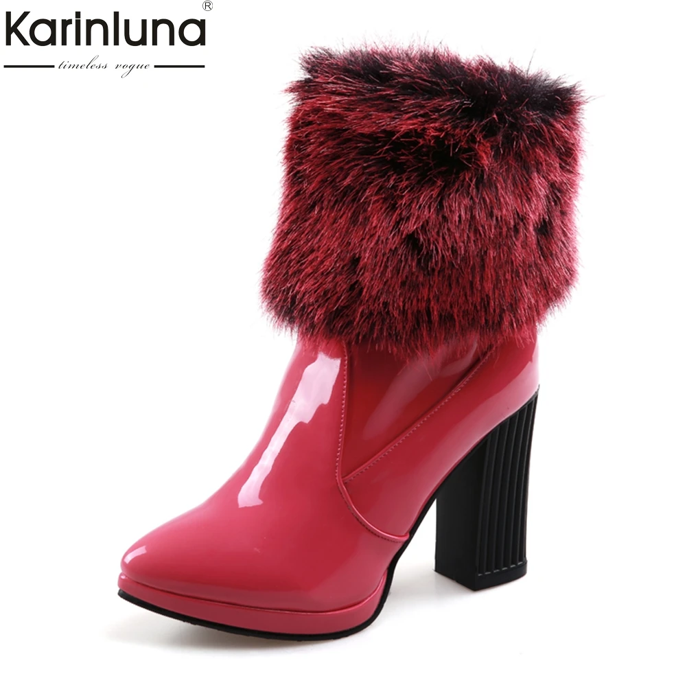 

Karinluna 2018 Large Size 33-43 Add Fur Winter party Boots Woman Shoes Chunky High Heels Fashion Ankle Boots Shoes Woman