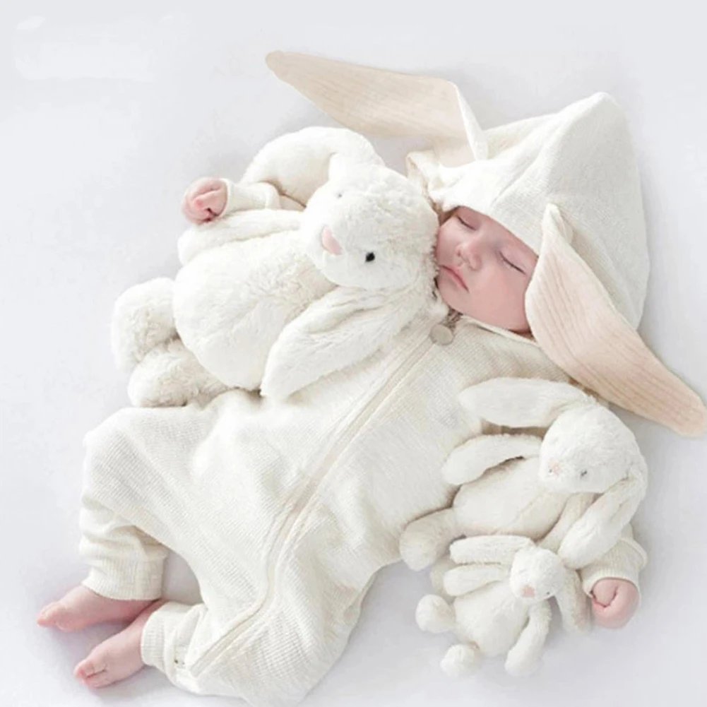 Брендовый Осенний комбинезон с заячьими ушками для новорожденных мальчиков и девочек, очень милый спортивный костюм комбинезон на молнии с капюшоном и длинными рукавами одежда для малышей