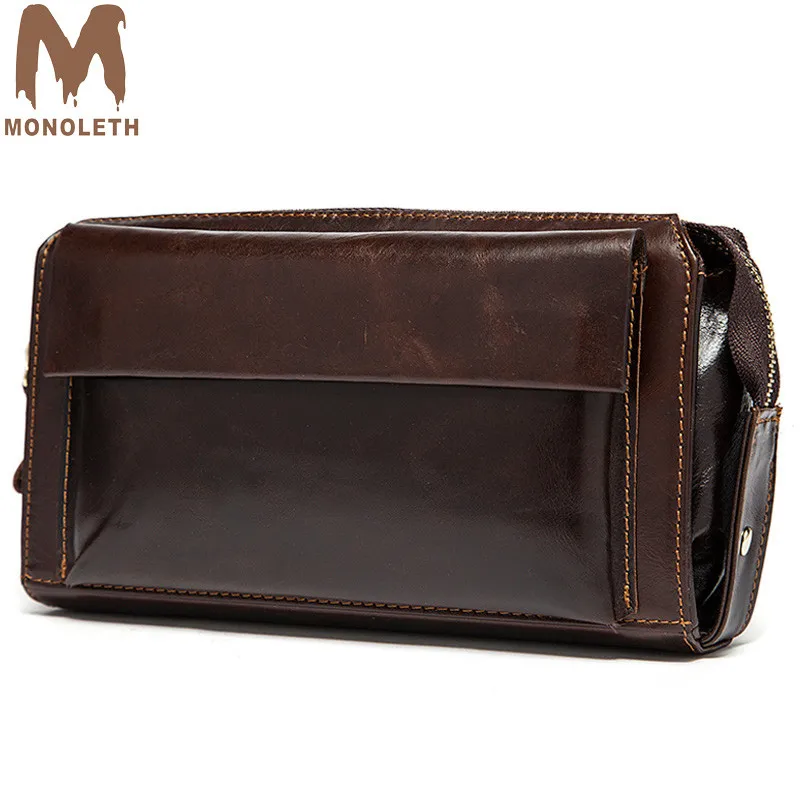 

MONOLETH Large capacity Genuine Leather men Long Wallet male zipper clamp for money Clutch Coin Purse Card Holder