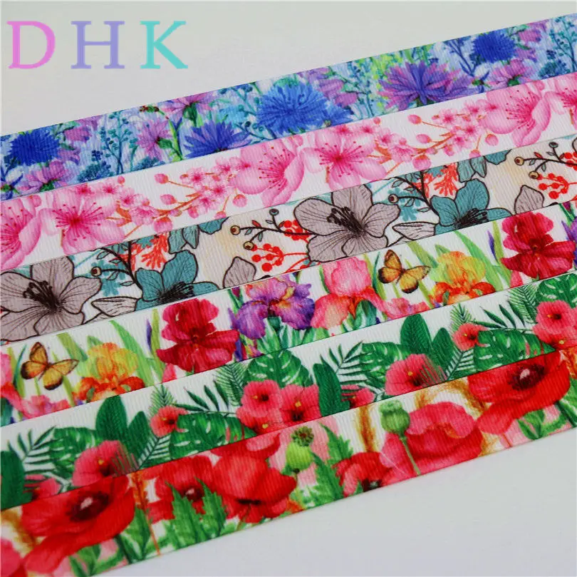 DHK 7/8'' Flowers Cherry Printed Grosgrain Ribbon Accessory Material Headwear DIY Decoration 22mm S759