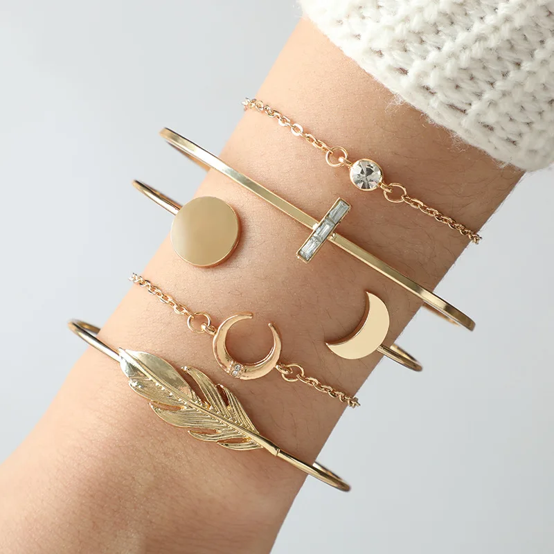 

AECLVR 5 Pcs/Set Feather Cross Moon Round Bracelet Set Gold Metal Chain Open Circle Beautiful Lady Bracelets Daily Party Jewely