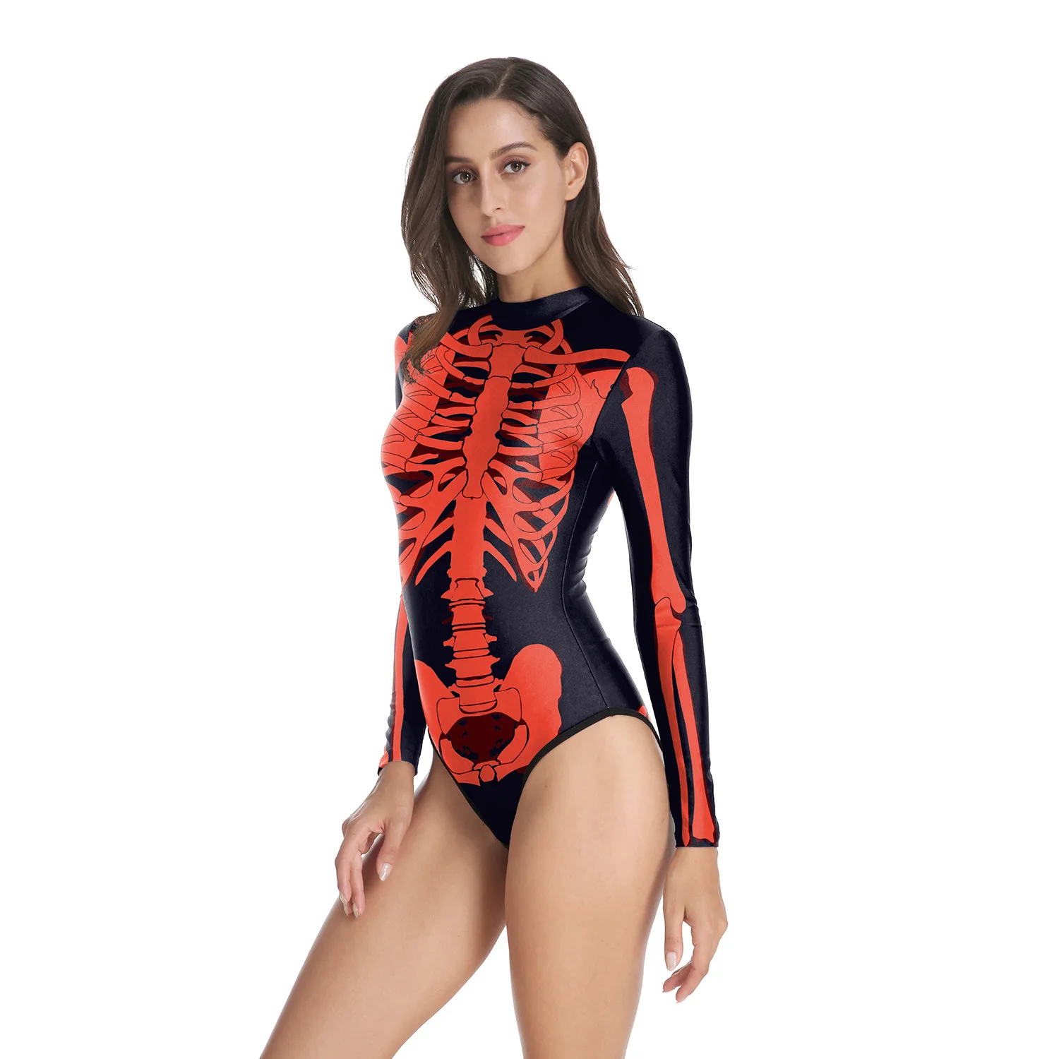 Terror Halloween Costume Red Skeleton Print Bodysuit For Women Horror Bone Long Sleeves Top Spandex Scary Party Club Lady Girls