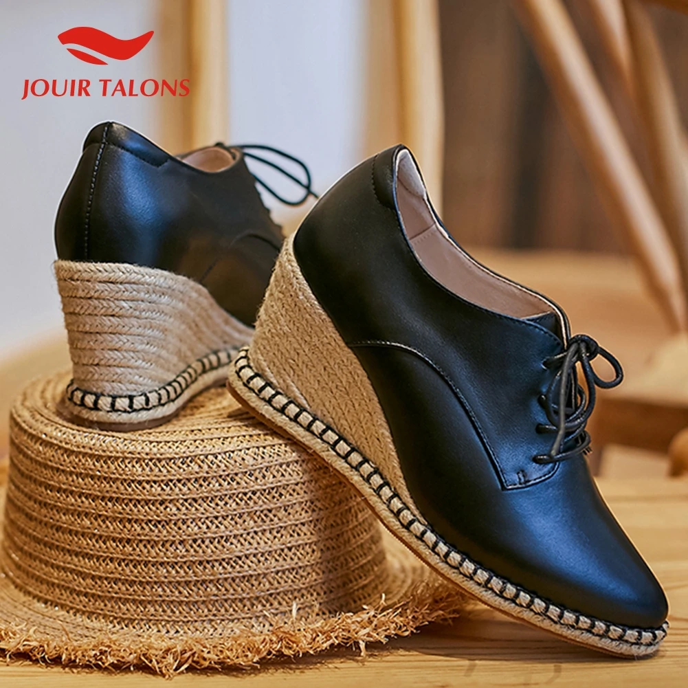

Brand Design Genuine Leather Wedges Woman Shoes Girls Lace Up Straw Elegant High Heels Office Lady Shoes Woman Pumps