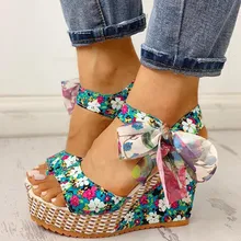 Verano de las mujeres sandalias de cuña Mujer Floral Bowknot plataforma Bohemia Sandalias de tacón alto de moda correa de tobillo abierto del dedo del pie zapatos de las señoras