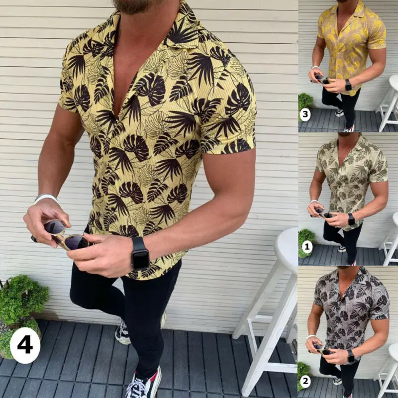 Новая мужская рубашка с коротким рукавом, пляжные рубашки с v-образным вырезом и принтом, праздничные Летние Гавайские повседневные топы