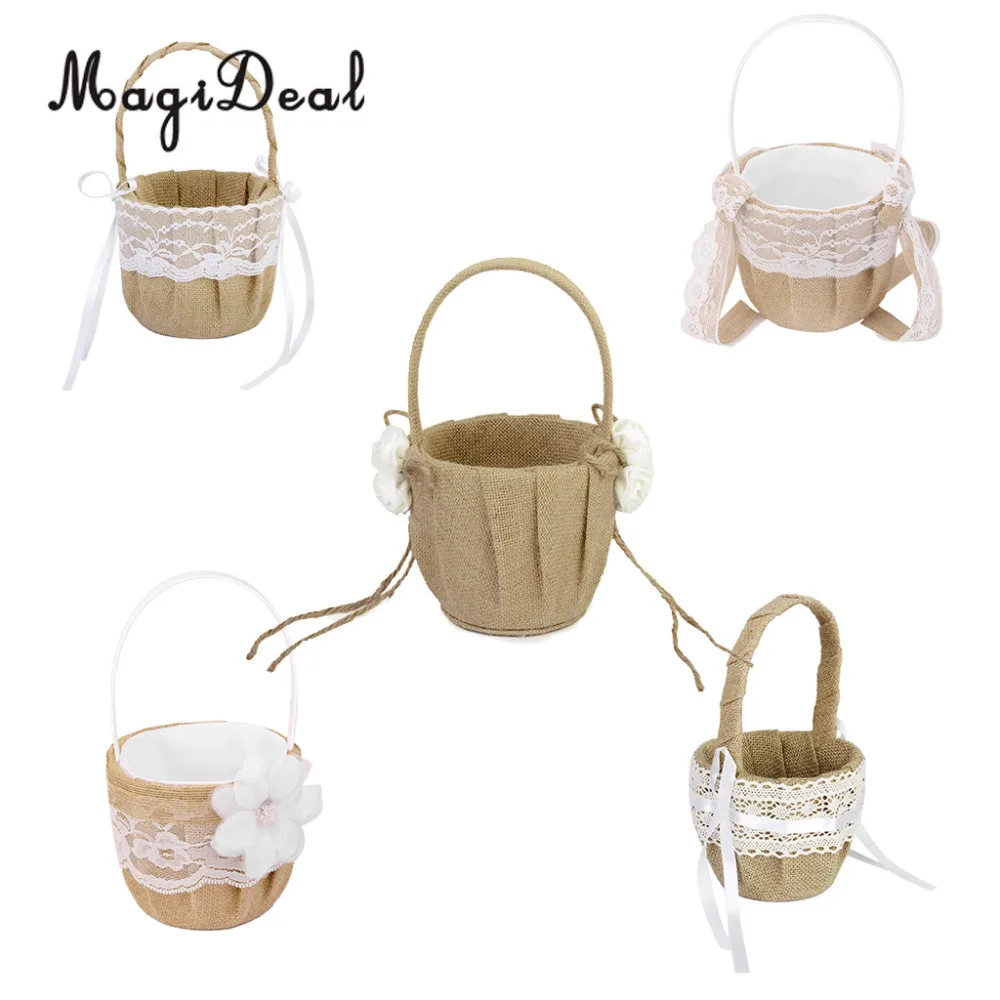 

MagiDeal Vintage Flower Basket Burlap Jute Roses Rustic Wedding Flower Girl Basket With Lace Satin Wedding Party Decoration