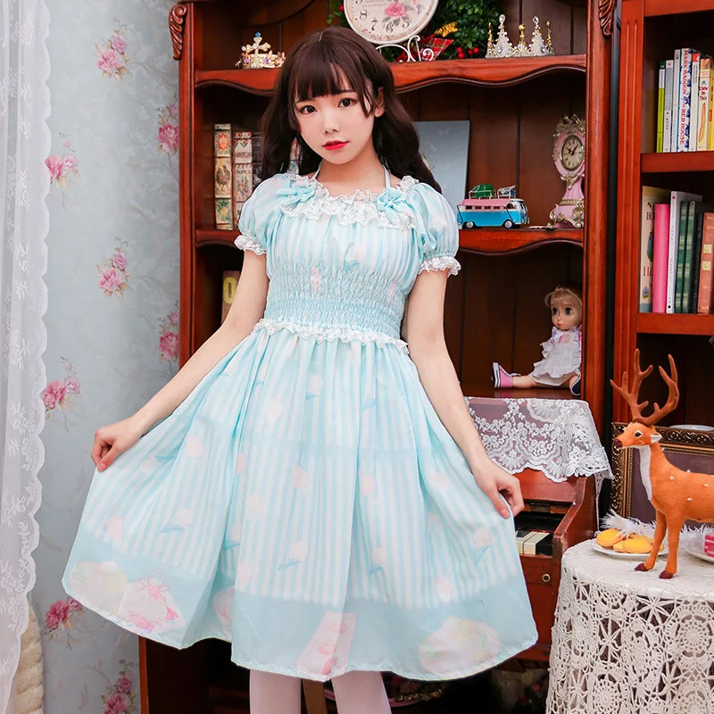 

Mori Girl Summer Lace Dress Lolita Sweet Ruffles Sky Blue Striped Puff Sleeve Beach Dress Empire Princess Knee-length Woman Dres