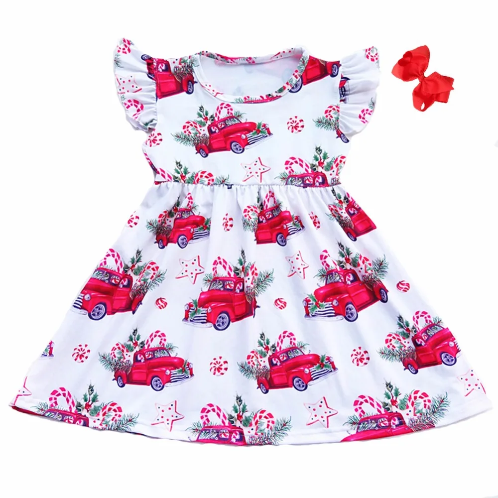 

Hot Selling Girls Christmas Dress Children Christmas Tree Car Star Print Pearl Boutiqe Clothing Fall Party Dress Match Accessory