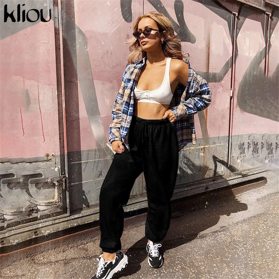 Kliou 2018 autumn winter women casual cargo pants elastic waist drawstring solid black workout trousers female simple pants