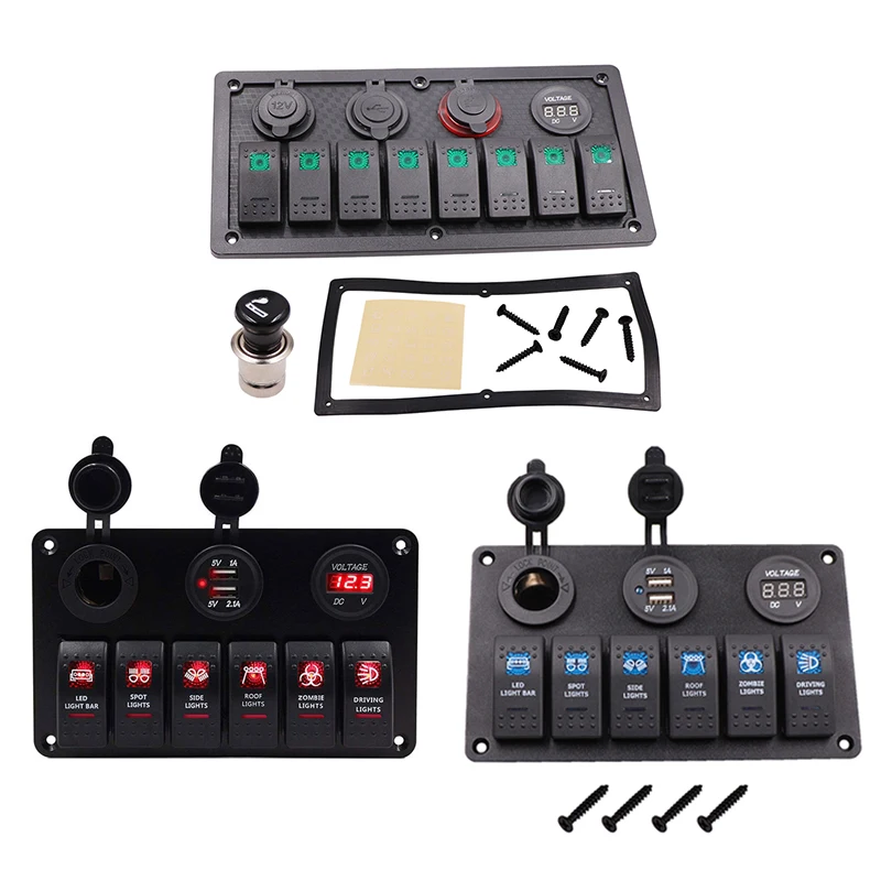 

6/8 Gang LED Car Boat Truck Waterproof Rocker Switch Panel 3.1A Dual USB Power Socket Voltmeter 12V Cigarette Lighter Socket