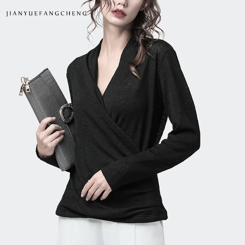 

Casual Black Knitted Viscose Blouses Woman 2019 Early Autumn Tops Crossed V Neck Long Sleeve Elegant Slim Female Office Blouse