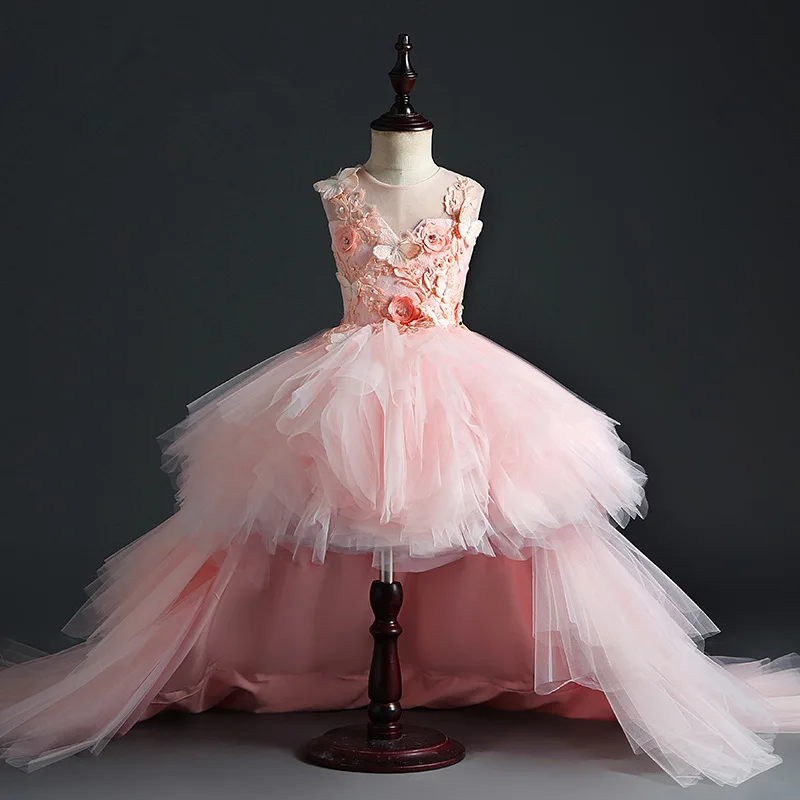 New Sweet Lace Flower Girl Dresses for Wedding High-low Short Front Long Back Sleeveless Party Ball Gown Dress | Свадьбы и торжества
