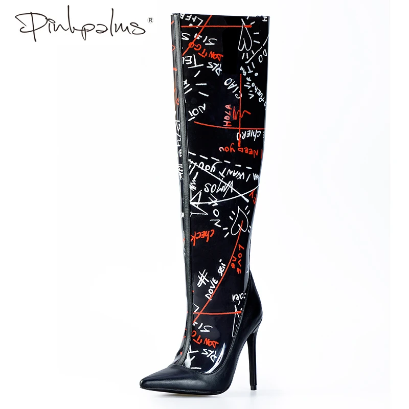 

Pink Palms Shoes Women Black Basic Boots Spring Autumn High Heel Perspex Waterproof Shoes Clear PVC Graffiti Over the Knee Boots