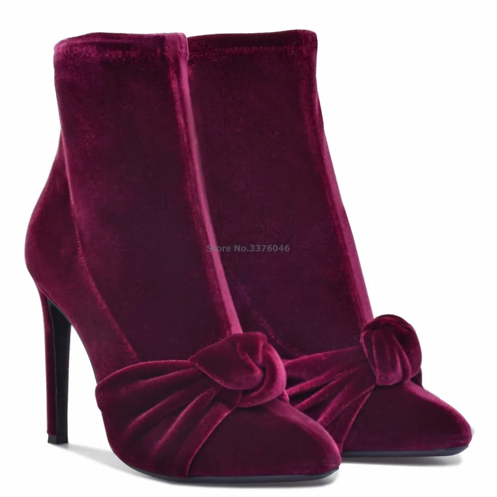 

New Arrival Darkred Velvet Thin High Heel Ankle Boots Butterfly Knot Sox Boots Round Toe Slip On Stiletto Lady Party Shoes