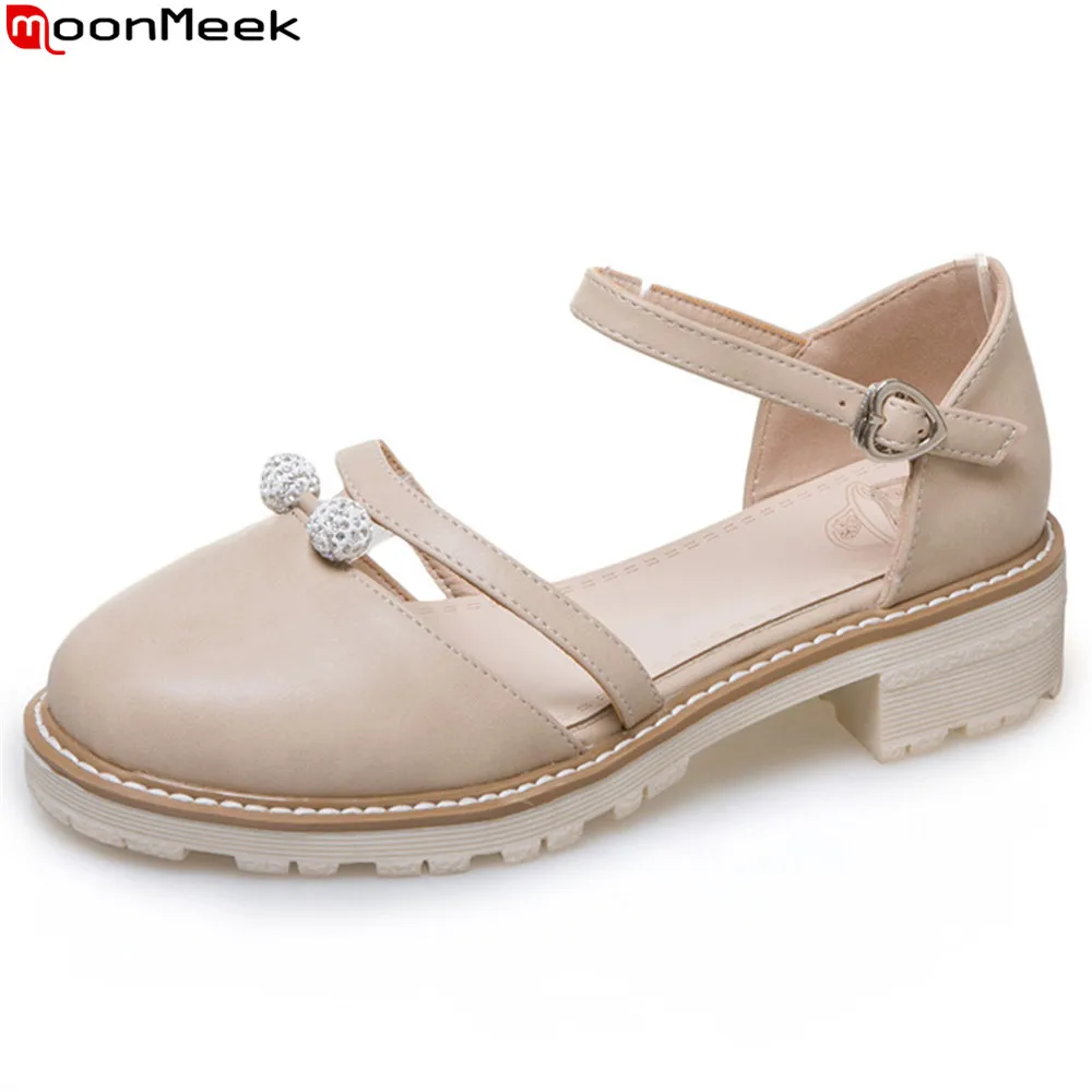 

MoonMeek black white fashion new arrival women shoes round toe ladies summer shoes square heel crystal square heel sandals