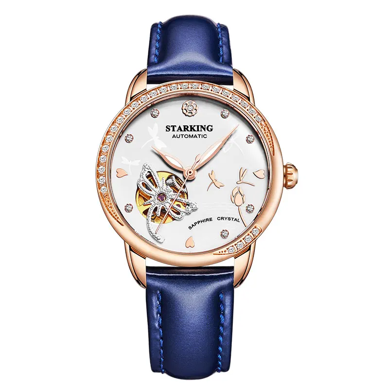 STARKING, женские автоматические механические часы с скелетом, роскошный бренд, сапфировый Белый Чехол, натуральная кожа, наручные часы, женские часы, 5ATM - Цвет: AL0248RL71