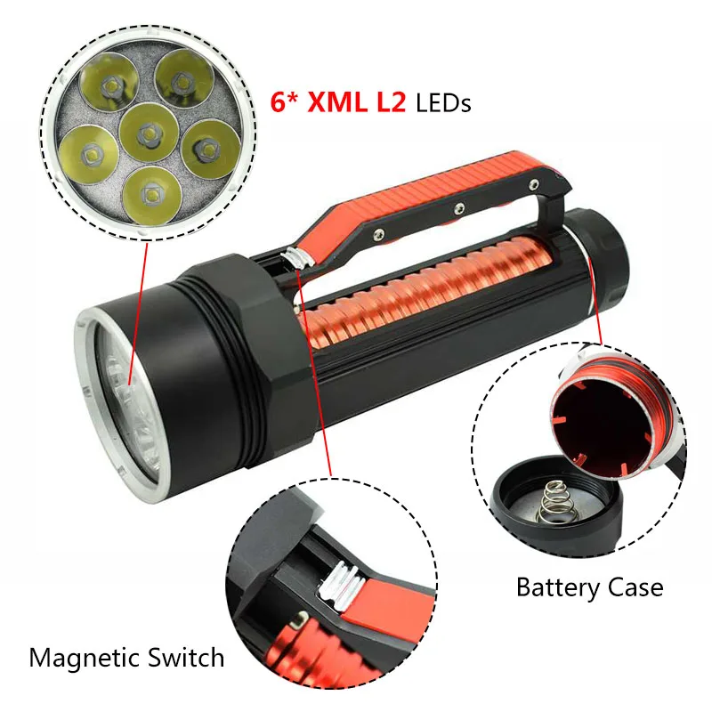 Дайвинг флэш-светильник 6* XM-L2 светодиодный погружной фонарь светильник подводный 100 м подводный флэш-светильник s водонепроницаемый фонарь на 26650/32650 батарею