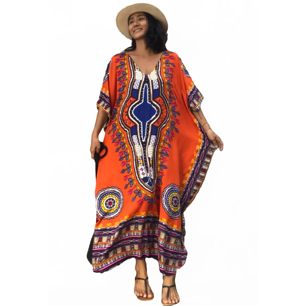 Ethnic Women Long Beachwear Cover Ups Plus Size Printed Vintage Pareo V