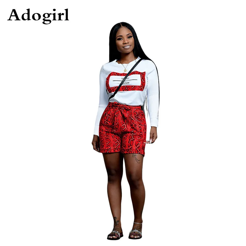 

Adogirl Snake Print 2 Piece Set O-neck Long Sleeve Crop Top And Bow Tie Waist Shorts 2019 Autumn Women Outfits Plus Size XXL