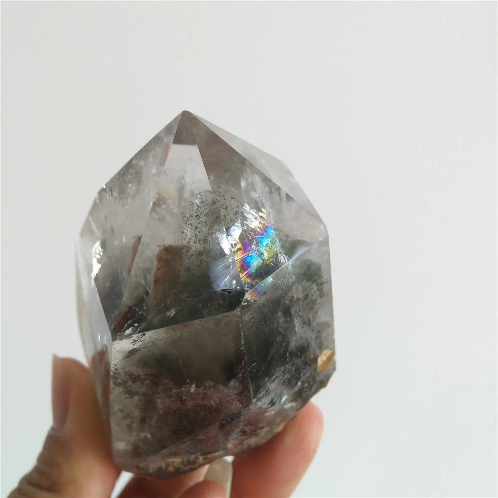 

228G Charming Crystal Healing Point Phantom Point Natural Shinning Quartz Crystal Point With Rainbow Lodolite Crystal Point