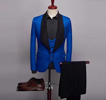 

2019 new European and American jacquard green fruit collar suit three-piece performance dress men's fashion business casual suit