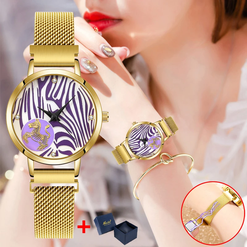 

MISSFOX Zebra Women's Watches 18K Gold Fashion Magnetic Watch Female Waterproof Shockproof Stainless Steel Casual Ladies Watch