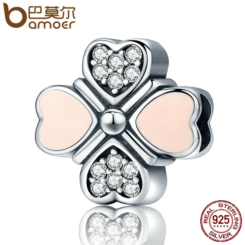 

BAMOER Genuine 925 Sterling Silver Petals of Love, Clear CZ Pink Heart Clover Beads fit Charm Bracelet Jewelry Gift SCC142