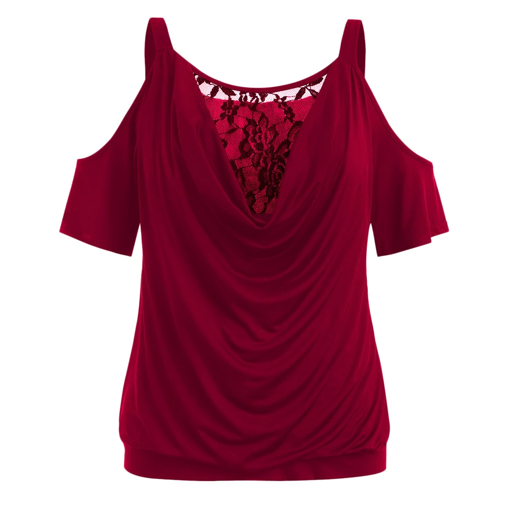 Rosegal размера плюс воротник хомут Половина рукава Блузон футболка женская летняя с открытыми плечами Кружевная футболка Повседневная рубашка тройники женская одежда