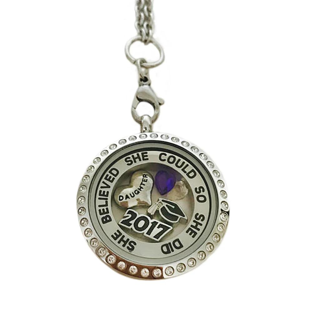 

School Anniversary Gift She Believe Sho Could She Did Birthstone Jewelry 2017 Graduation Diploma Memory Locket Necklaces