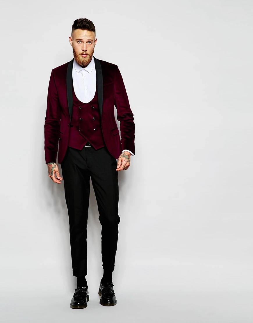 Latest Coat Pant Designs Burgundy Velvet Prom Men Suit Slim Fit 3 Piece