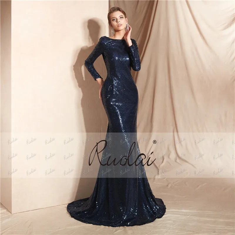 Dark Navy Mermaid Evening Dress Long Sleeves Sequin Evening Gown Open Back Evening Party Dress Robe de Soiree SN18