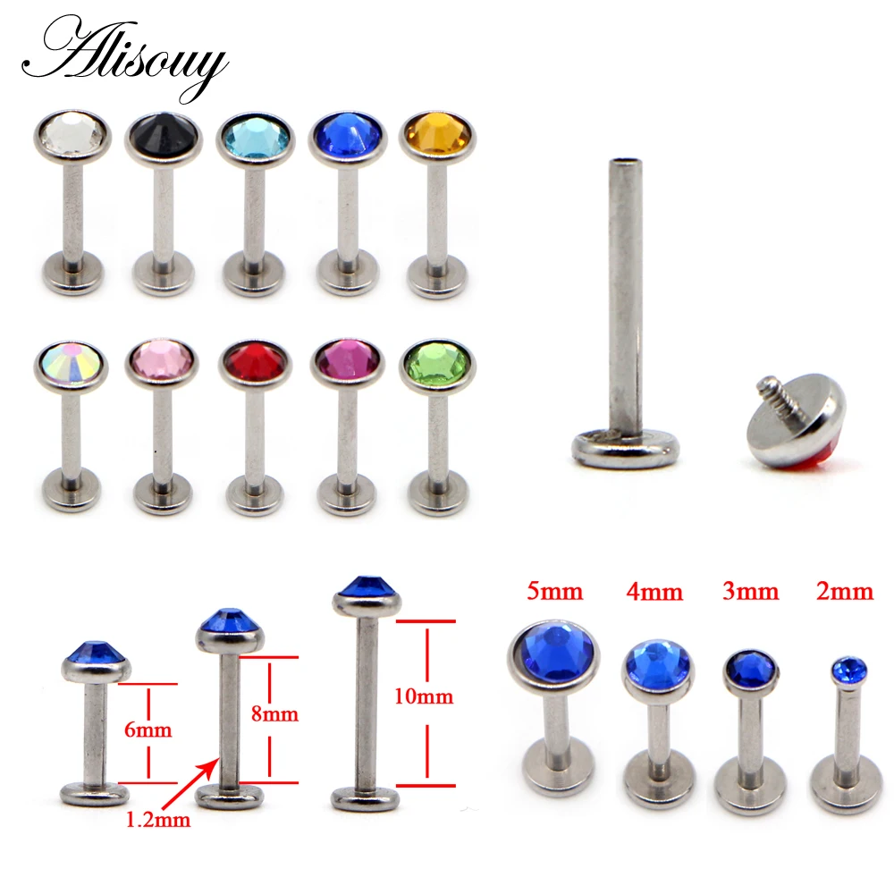 

Alisouy 1pc 16G Labret silver Stainless Steel lip piercing jewelry with 2/3/4/5mm Gem Crystal Piercing ear nose eyebrow Rings