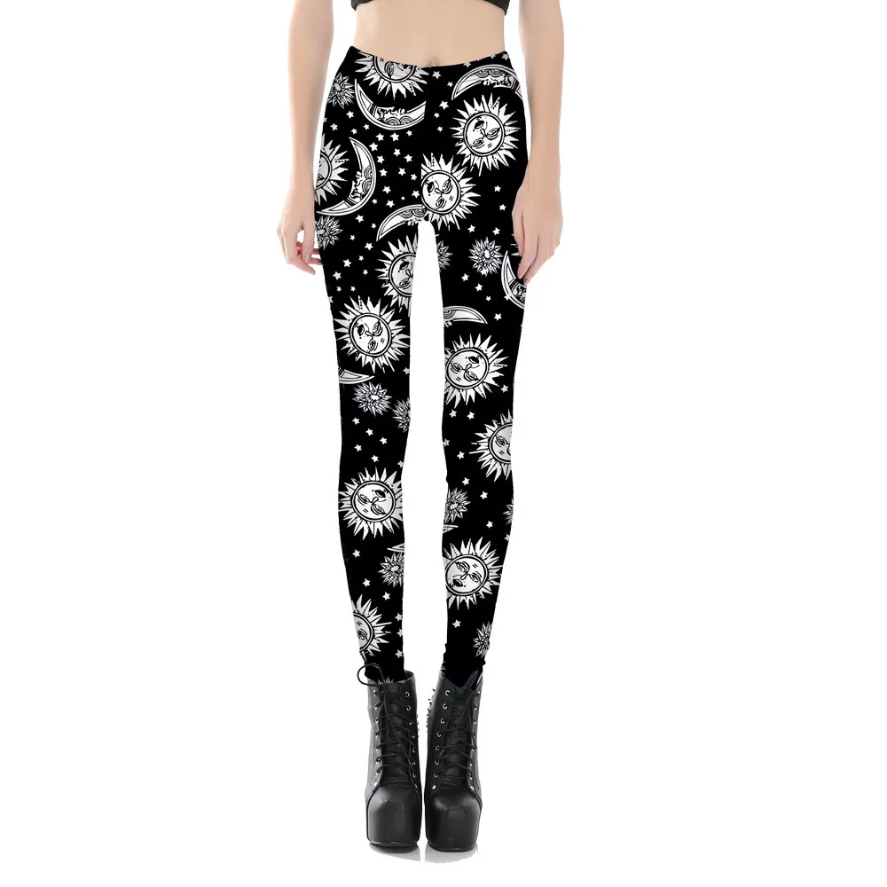

JIEZuoFang 2019 Wholesales Fashion Sun Moon Star Painted Women Leggings Smooth Material High Elastic Thin Pants Drop Shipping
