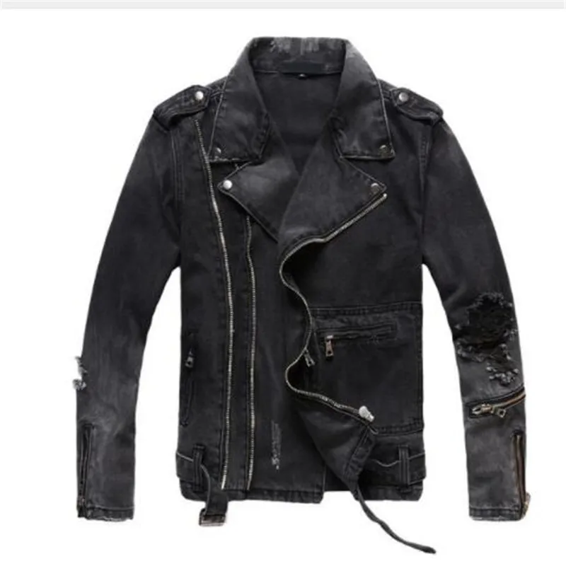 

2019 Slim Mens Ripped Denim Jackets Black Multi Zippers Streetwear Distressed Motorcycle Biker Jeans Jacket